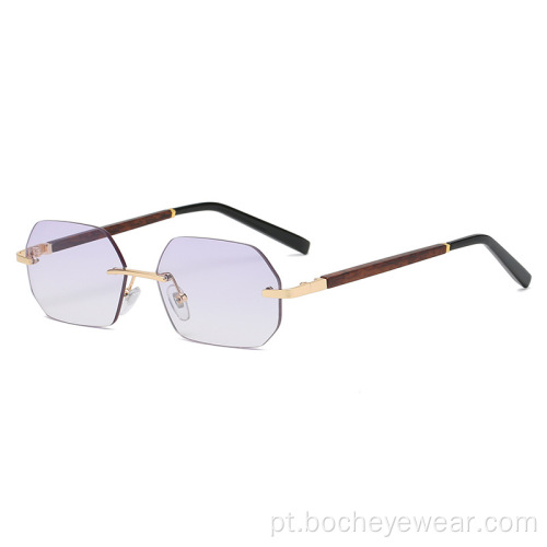 Novos óculos de sol de polígono sem moldura da moda europeia e americana Mudança gradual de cor dos óculos de sol da moda com perna de madeira